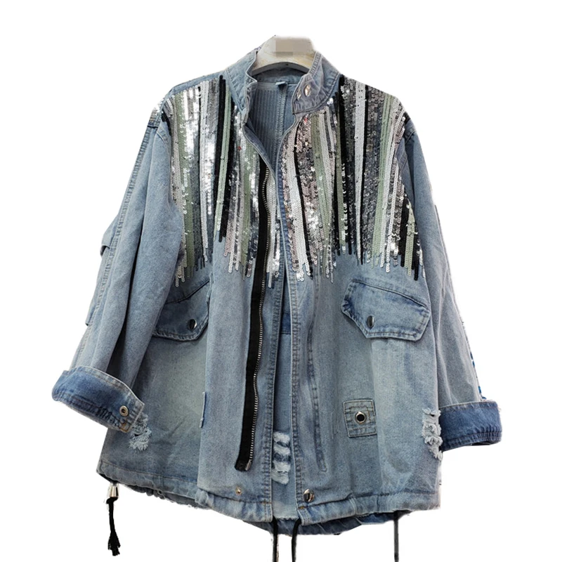Куртка бомбер женская джинсовая с блестками модный пиджак длинным рукавом и