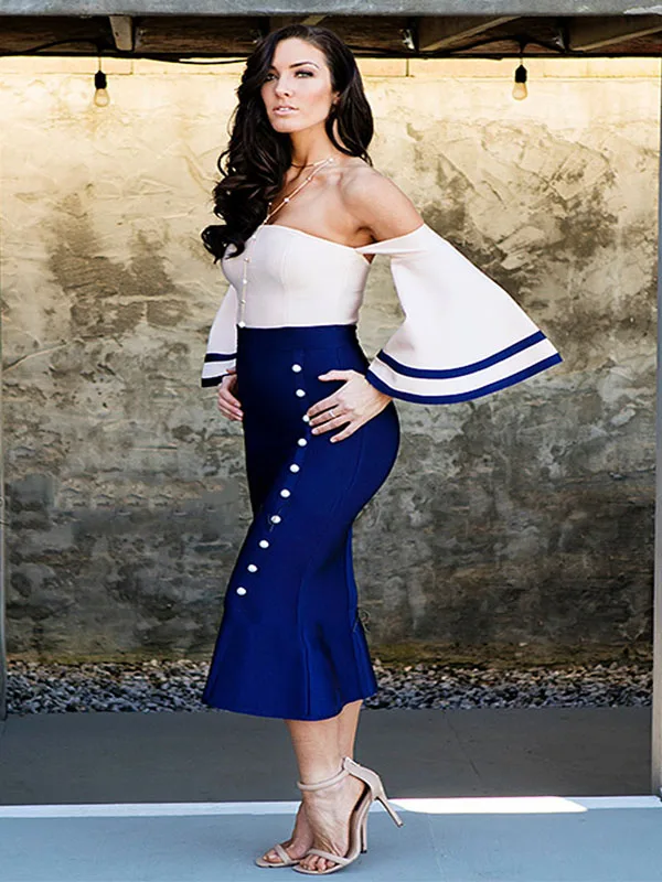 Женщины flare рукавом цвет блока без бретелек Сексуальная bodycon Бинт Эластичный