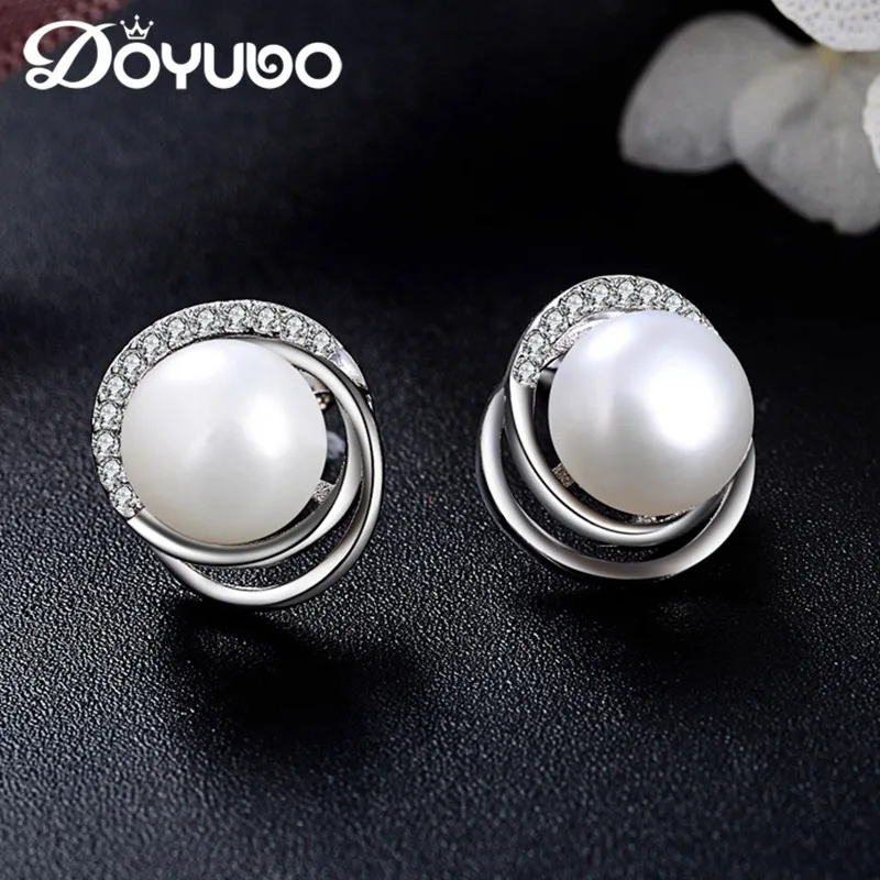 

DOYUBO горячая Распродажа женские белые серьги с искусственным жемчугом, твердого стерлингового серебра серьги с цирконием кубической огранк...