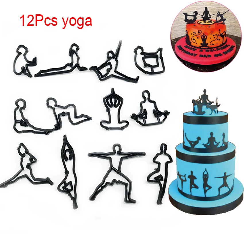 12pcs yoga Набор пресс-форм для украшения торта, пластиковые формочки для печенья, инструменты для выпечки, свадебные музыкальные Семейные животные, воздушные шары - Цвет: 12pcs yoga