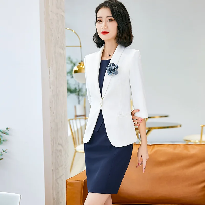 2019 летний костюм платье для дам работы с рукавом Три четверти блейзер коротким