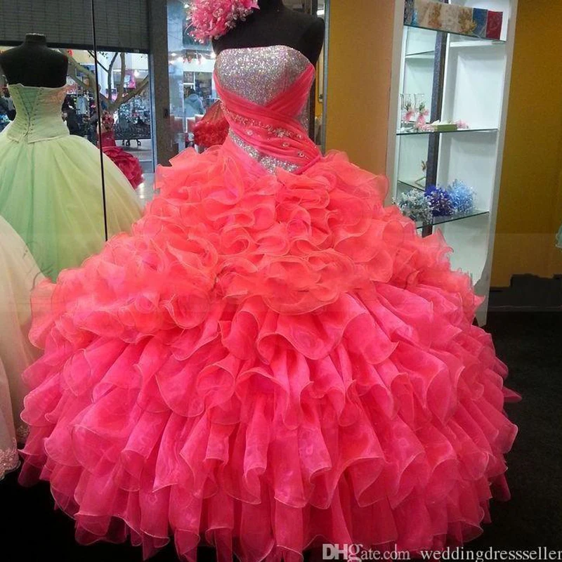 

2016 Sparkle Cheap Hot Pink Ball Gown Strapless Ruffles Organza Corset Prom Dresses Sweet 15 16 Quinceanera Dresses gowns trendy