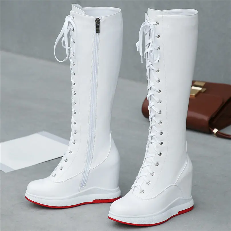 Thigh High Boots Women Genuine Leather Lace Up Knee High Booties Wedges High Heel Tall Shaft Punk Sneakers Winter Punk Creepers