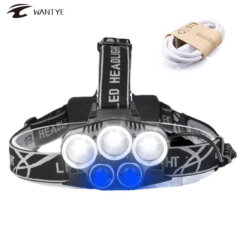 Налобный фонарь 5 светодиодов 18650 лм 3 * T6 + 2 синий свет|headlight 18650|head lightflashlight head |