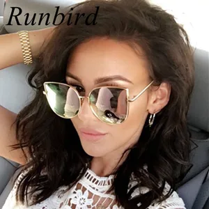 Солнечные очки RunBird в металлической оправе R058 женские, зеркальные модные солнцезащитные аксессуары кошачий глаз, в квадратной оправе