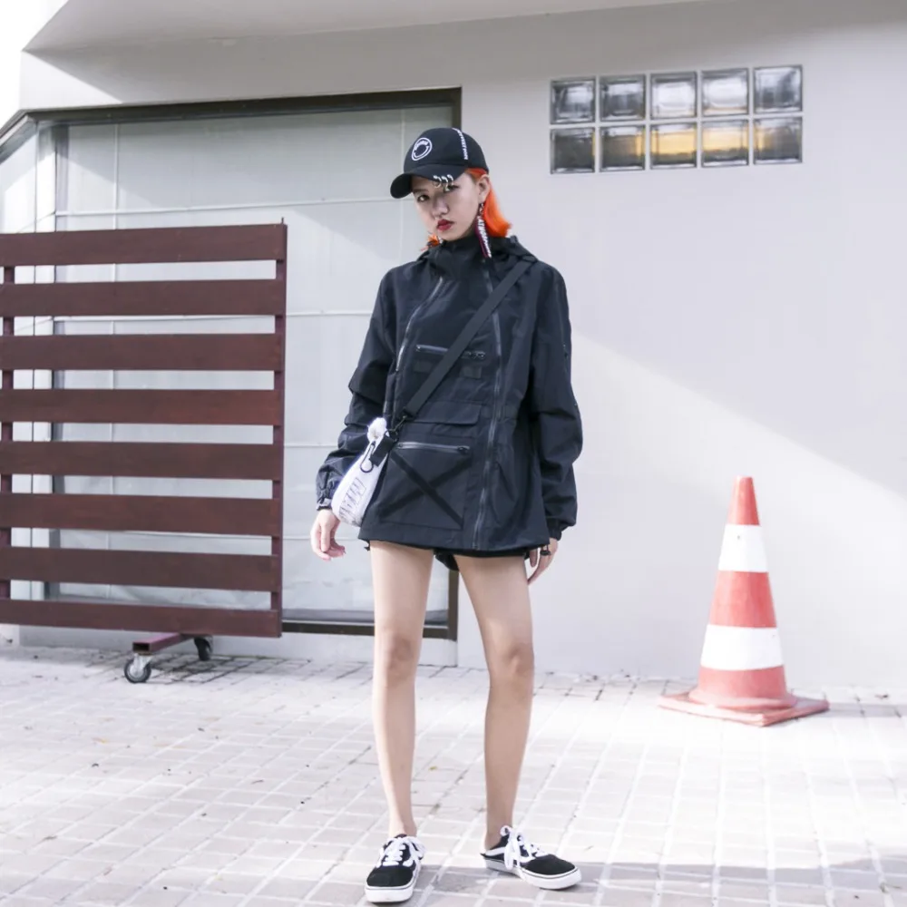 Patchwork zipper placketing ribbon pocket with a hood loose bf trench outerwear street | Женская одежда