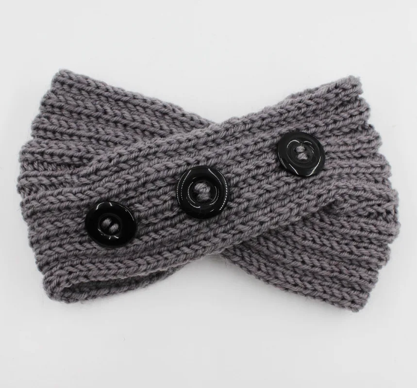 Зимний Теплый Вязаный головной убор тюрбан для женщин вязание пуговица