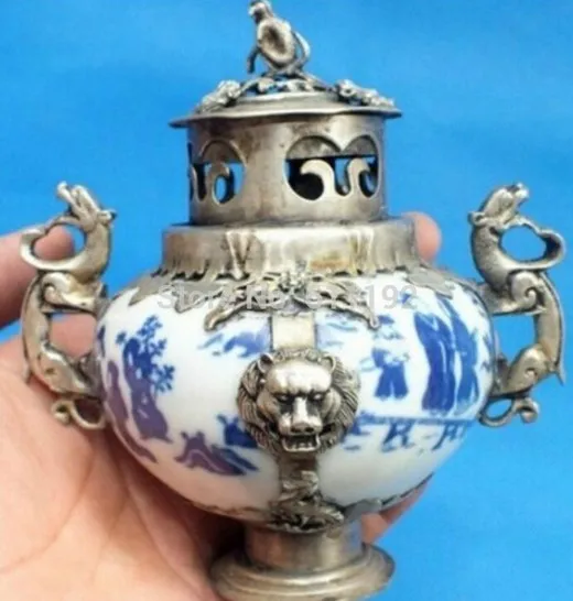 YM 314 антикварная тибетская Серебряная керамическая горелка для благовоний