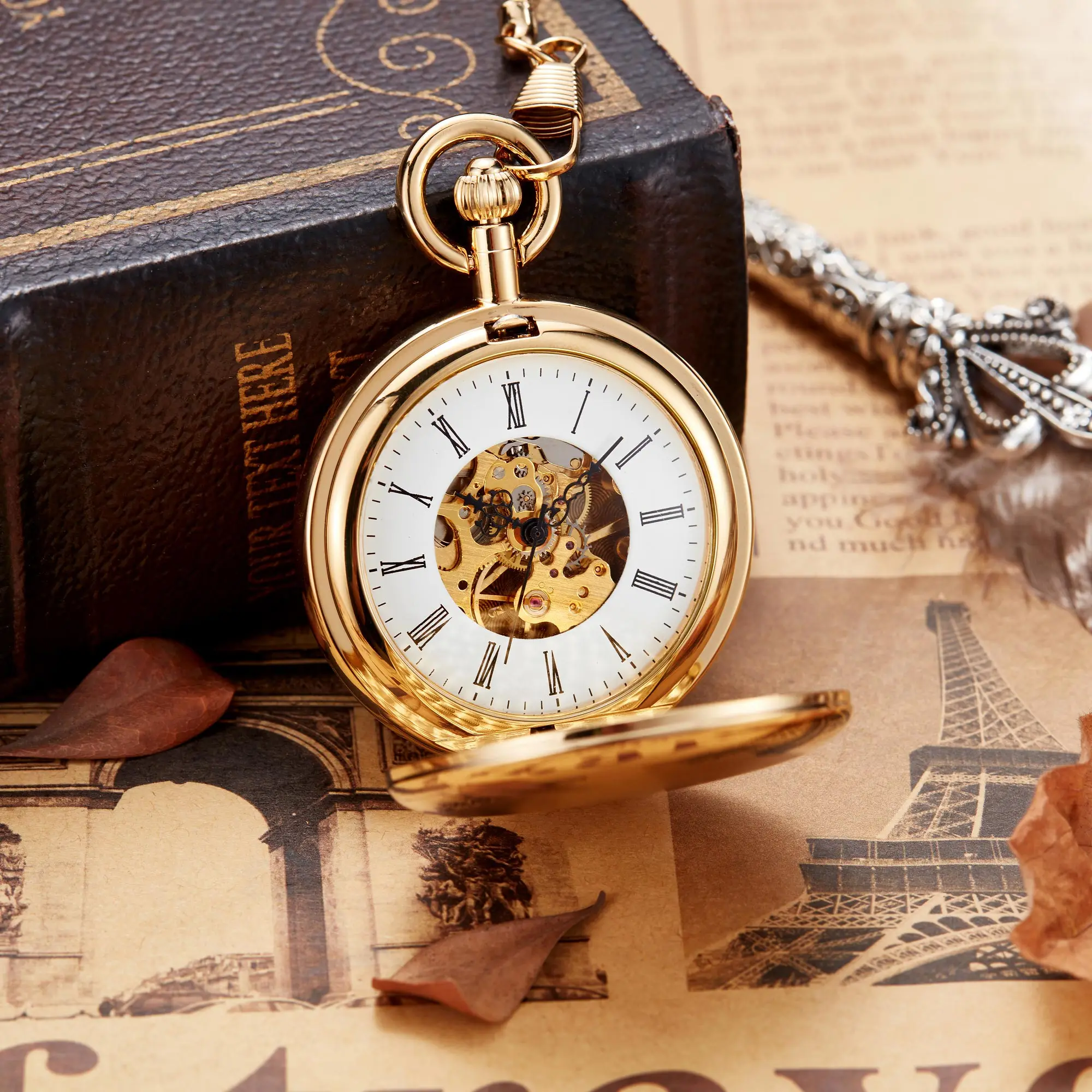 Роскошные золотые Механические карманные часы винтажные Медные мужские ручная