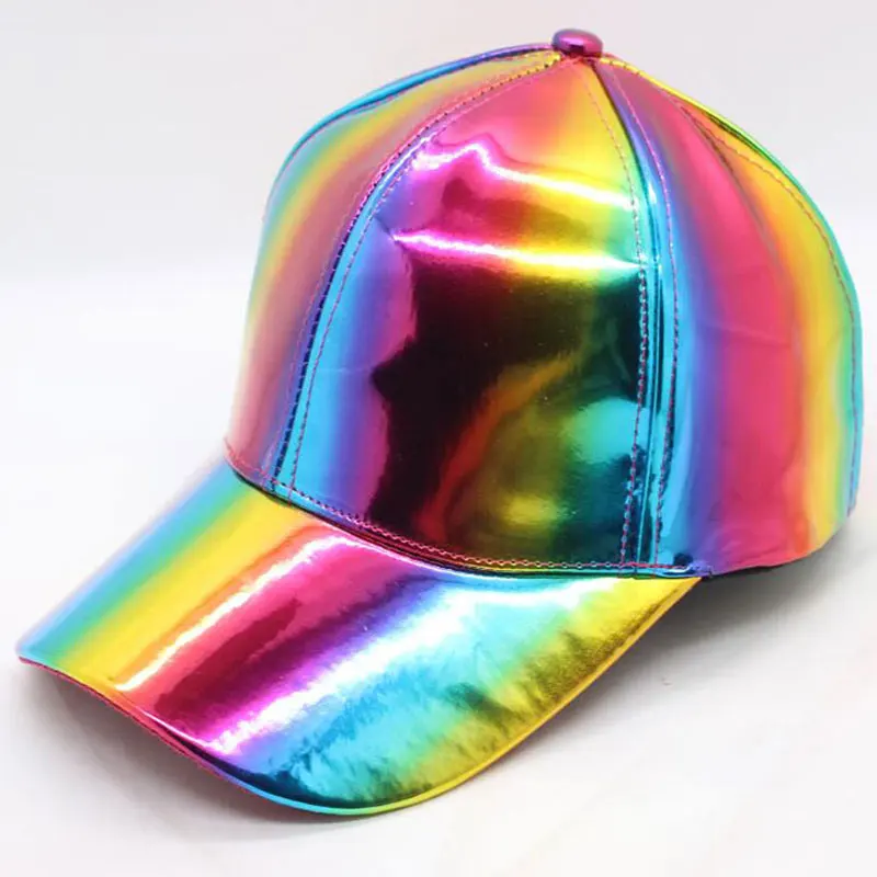 Rainbow PU Leather Baseball Cap Adjustbale Snapback Hats for Men Women Purple Gold Silver 6 Panels Hip Hop Caps Dance Party Wear - Цвет: Rianbow