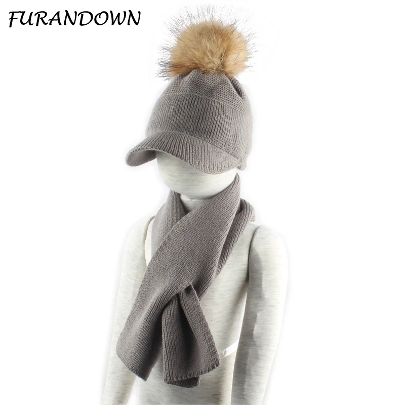 Boys Girls Real Fur Pompom Beanie Winter Warm Scarf Hat For Kids Children Knitted Baseball Hat Scarf Set