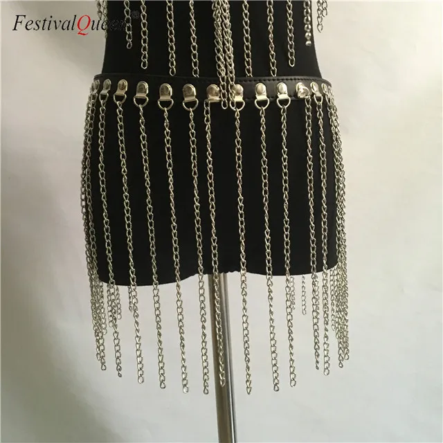 Sexy women metal chain skirt two piece Fashion PU leather Harness party nightclub wear short mini hollow out skirt - Цвет: bottom only