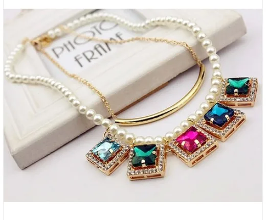 Wholesale Jewelry Imitation Pearl Chain Square Colorful Crystal Pendant Gold Color Clavicle Choker Statement Necklace For Women | Украшения