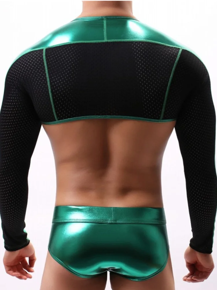Мужской сексуальный PU кожаный костюм корсет тонкий n lift body shaper боди с длинным рукавом плечо кроп Топы Блестящая футболка гей половина Топы