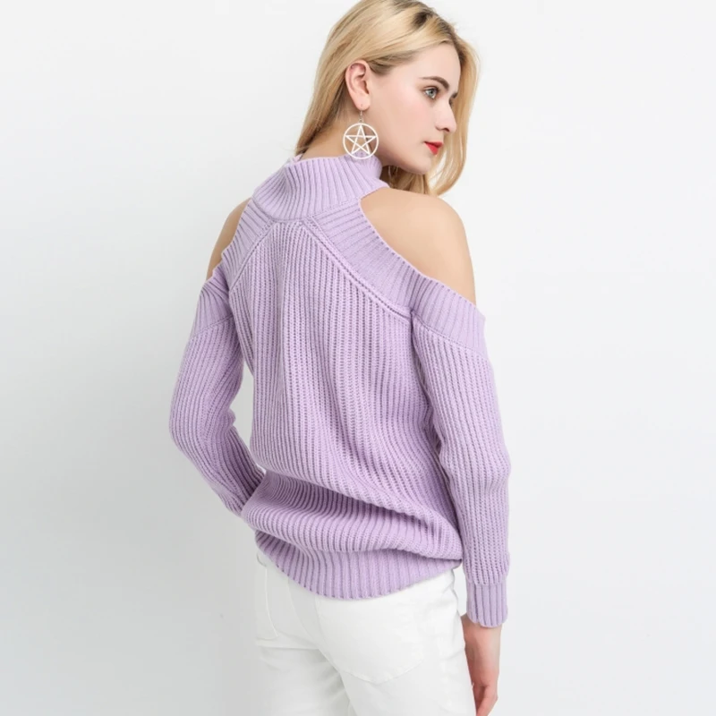 HDY Haoduoyi Women's High Neck Cold Shoulder Long Sleeve Sweater Autumn Warm Pullovers Knitted Tops Jumpers Fashion Sweaters | Женская