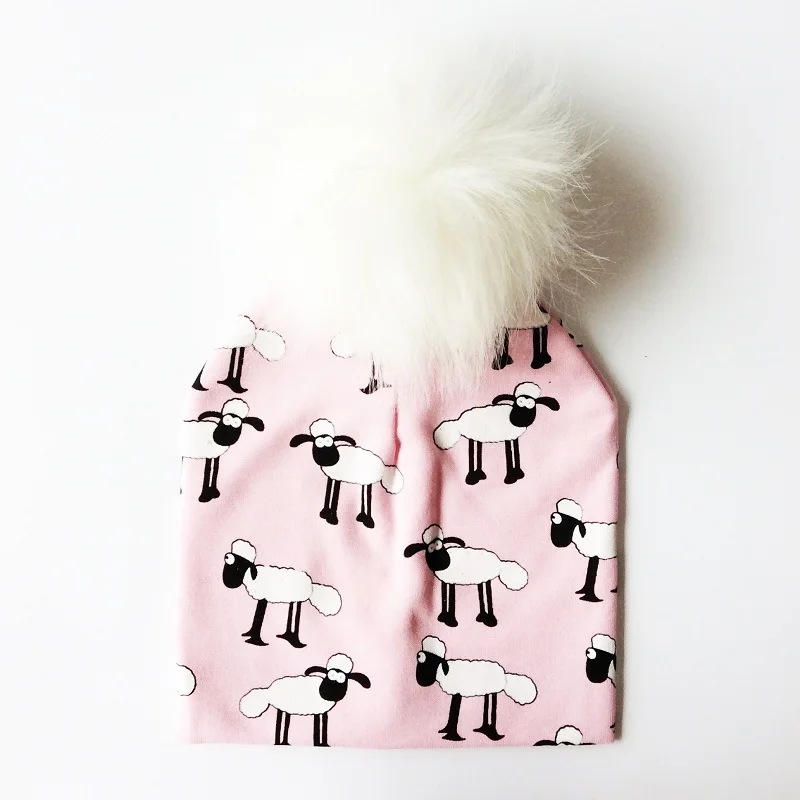 pink sheep Брендовая шапка из искусственного меха для маленьких мальчиков, хлопковая шапка с помпонами и помпонами для девочек, зимние детские шапки, шапка s - Цвет: pink sheep