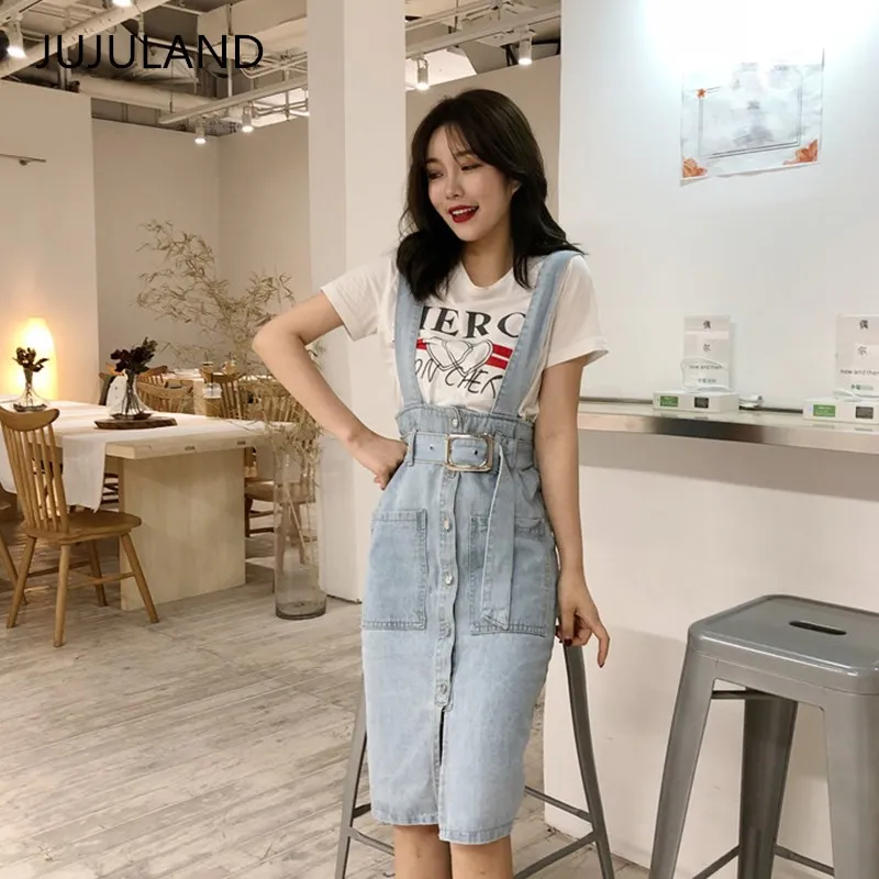 JUJULAND дамы юбка на отстёгивающихся бретелях вверх с высокой талией джинсовая