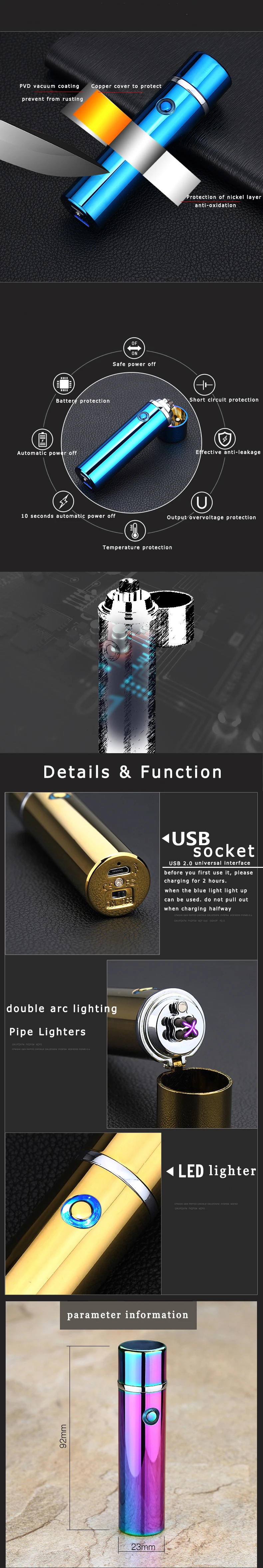 Мужская сигара USB зажигалка электрическая двойная импульсная дуга табачная трубка Зажигалка Ветрозащитная сигарета гром металлическая плазма беспламенные гаджеты