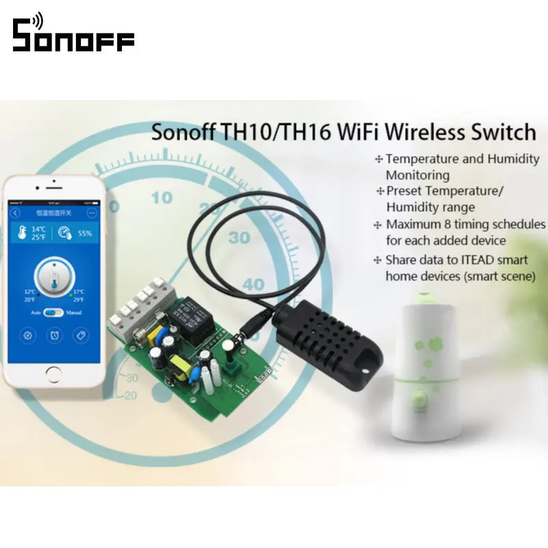 Смарт переключатель Sonoff TH10/TH16 с датчиком температуры и влажности|smartphone remote|smartphone