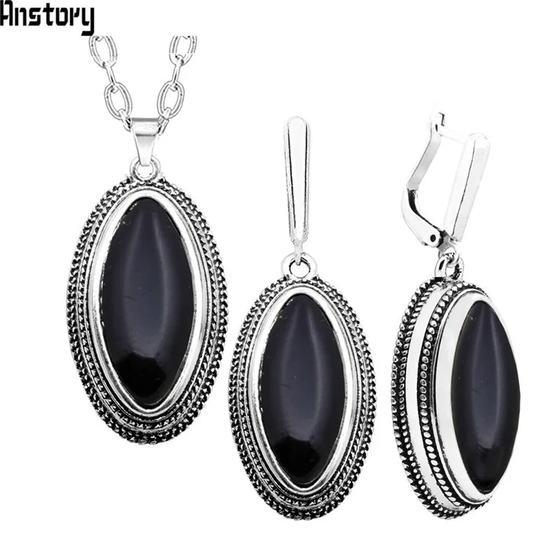 Black Double Layer Rhombus Red Stone Set Retro Necklace Earrings Set For Women Antique Silver Plated Fashion Jewelry - Окраска металла: Black
