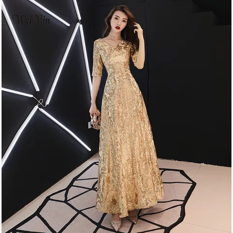 Weiyin длинные золотистые винно-красные вечерние платья 2024 элегантное V-образное платье А-силуэта длиной до пола с блестками вечернее платье WY1082