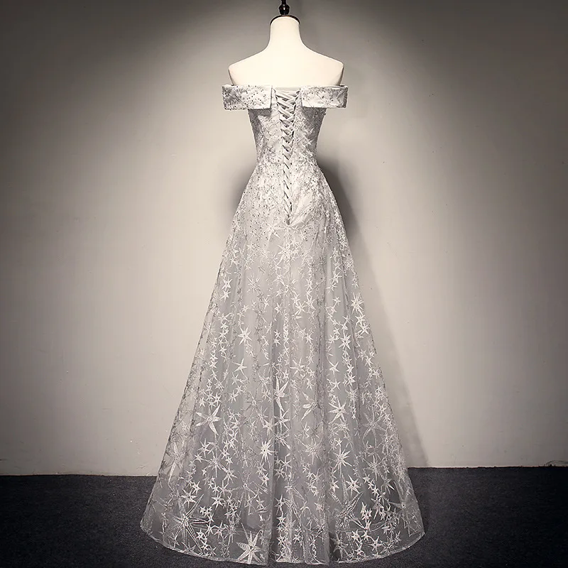 JaneVini Off Shoulder Gray Long Prom Dresses 2019 Beaded Lace Elegant Tulle Women Formal Dress Party Wear Gowns Galajurken Lang | Свадьбы и