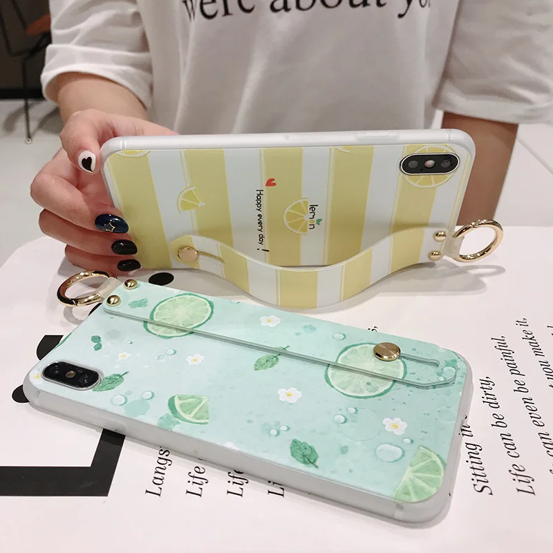 

Wrist Strap Phone Case For iphone 7 8 6 6s plus SE Cases For iphone X Xs 11 12 mini Pro max XR Summer Lemon Fruits Ring Holder