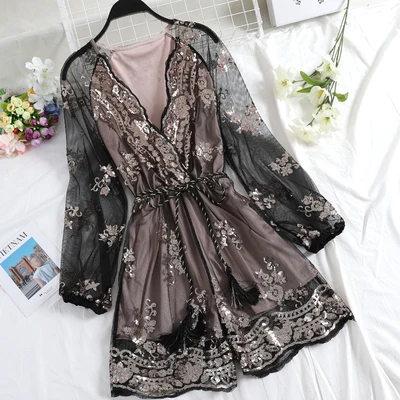black with gold HISUMA осенний женский комбинезон с v-образным вырезом, блестками и длинным рукавом, женский комбинезон с глубоким v-образным вырезом, шикарный кружевной сетчатый комбинезон, боди - Цвет: black with gold