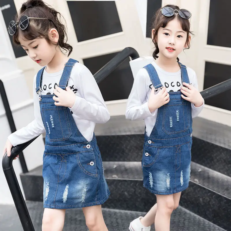 Denim fabric destory washed dresses girl suspenders belt sundress students dress fit for height 110cm to 160 cm | Детская одежда и