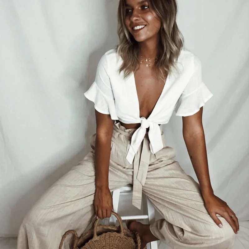 2018 Летняя женская элегантная блузка с коротким рукавом Кружевной укороченный