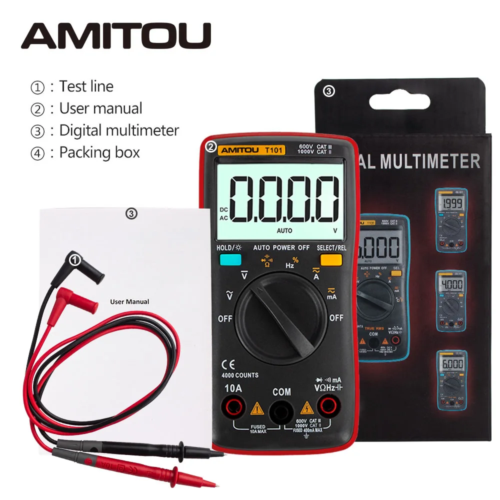 Amitou T101 Портативный Цифровой мультиметр 4000 отсчетов ЖК-дисплей Дисплей Авто Диапазон переменного тока/постоянного тока Амперметр напряжения мультиметр с сумкой для хранения - Цвет: Красный