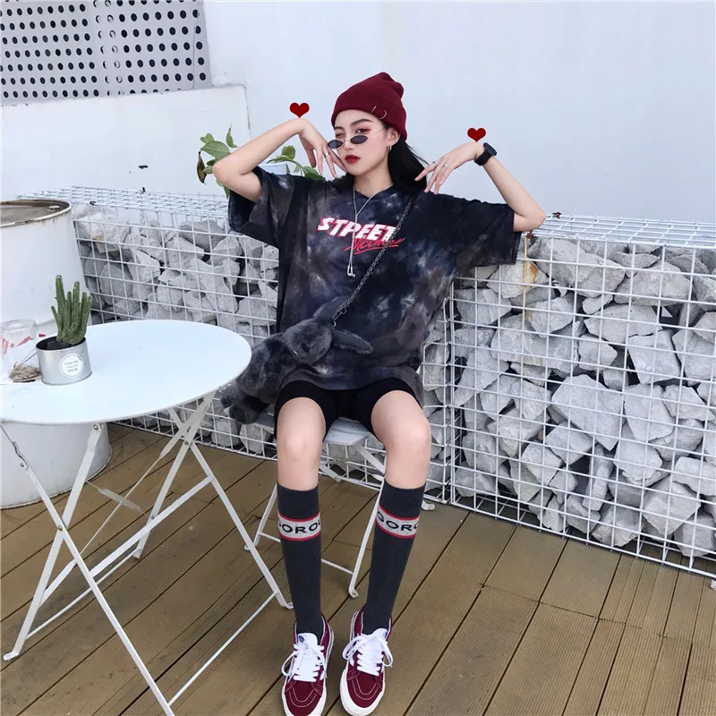 Tie Dye Gradient, большие размеры, свободные, более размера, модные, Harajuku, Женские топы с буквенным принтом, хип-хоп, короткий рукав, повседневная парная футболка