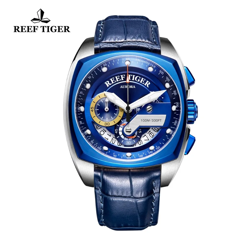 

Reef Tiger RGA3363 Men Multifunction Sport Fashion 10Bar Waterproof Square Quartz Wrist Watch With Leather Watchband