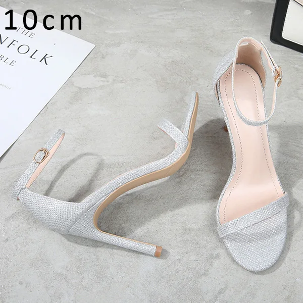 Silver Flash 10cm Брендовые женские босоножки; летние туфли на высоком каблуке; кожаные туфли с открытым носком и пряжкой на ремешке; женская обувь для вечеринок; Цвет Черный; Sandalia Mujer; Новое поступление - Цвет: Silver Flash 10cm