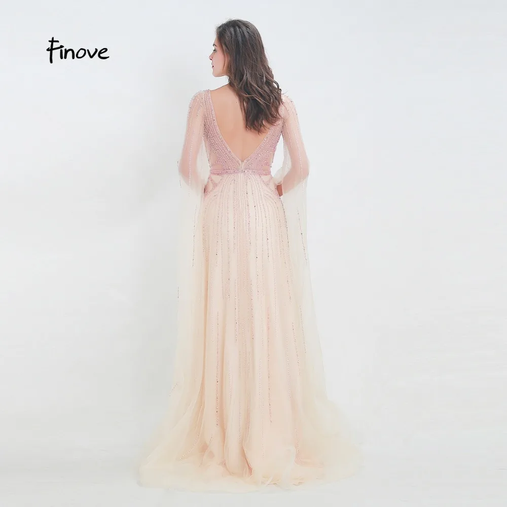 Finove Evening Dress 2020 Long Champagne Fully Beaded Sleeves Tulle Elegant O Neck Formal Party Woman Robe de soiree | Свадьбы и