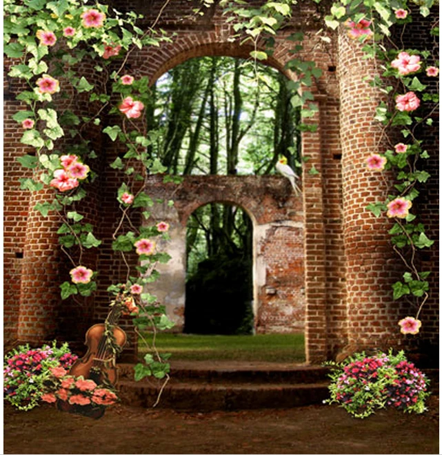 

10x10FT Pink Flowers Branch Door Gate Arch Vinge Bricks Castle Forest Custom Photo Studio Backdrop Background Vinyl 8x8 10x12