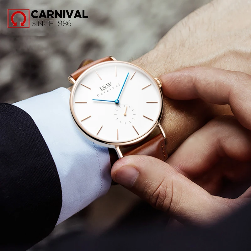CARNIVAL ультратонкие кварцевые мужские часы TopBrand роскошные розовые Модные Простые