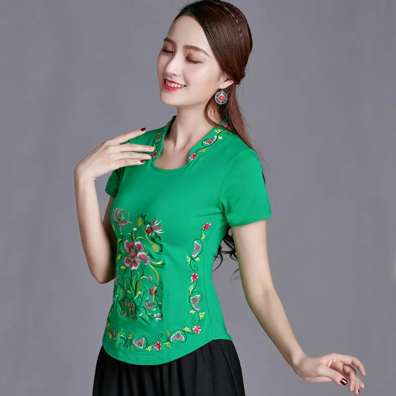 green short sleeve Женский пуловер в китайском стиле, весна-осень, вышитая Футболка с длинным рукавом, женская летняя хлопковая футболка размера плюс - Цвет: green short sleeve