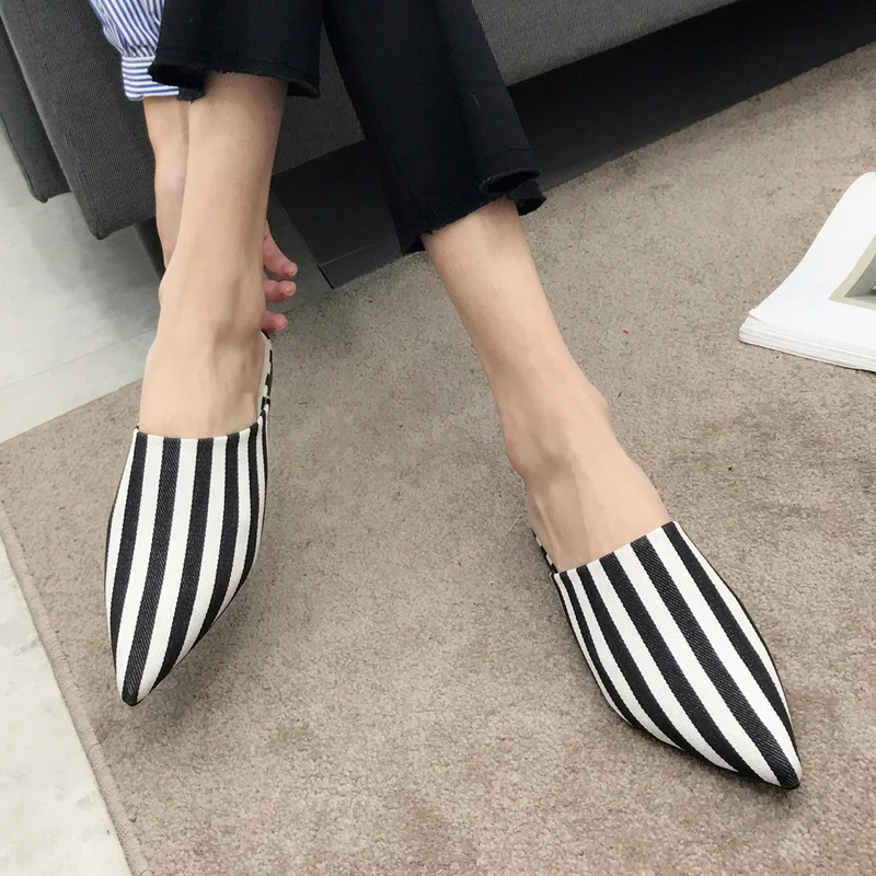 Monmoira дерево печати Для женщин Шлёпанцы острый носок в полоску Летние женские