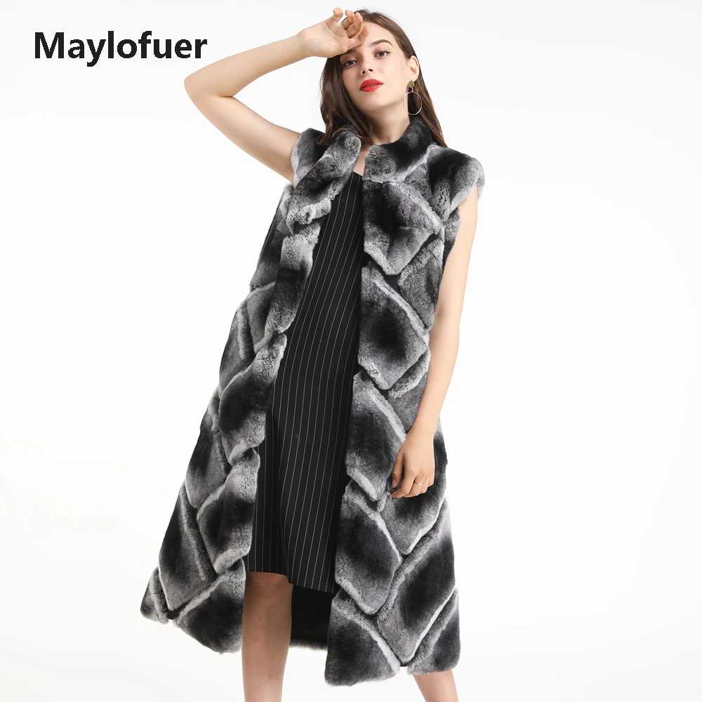 Женский длинный меховой жилет Maylofuer из шиншиллового кролика рекс элегантный с