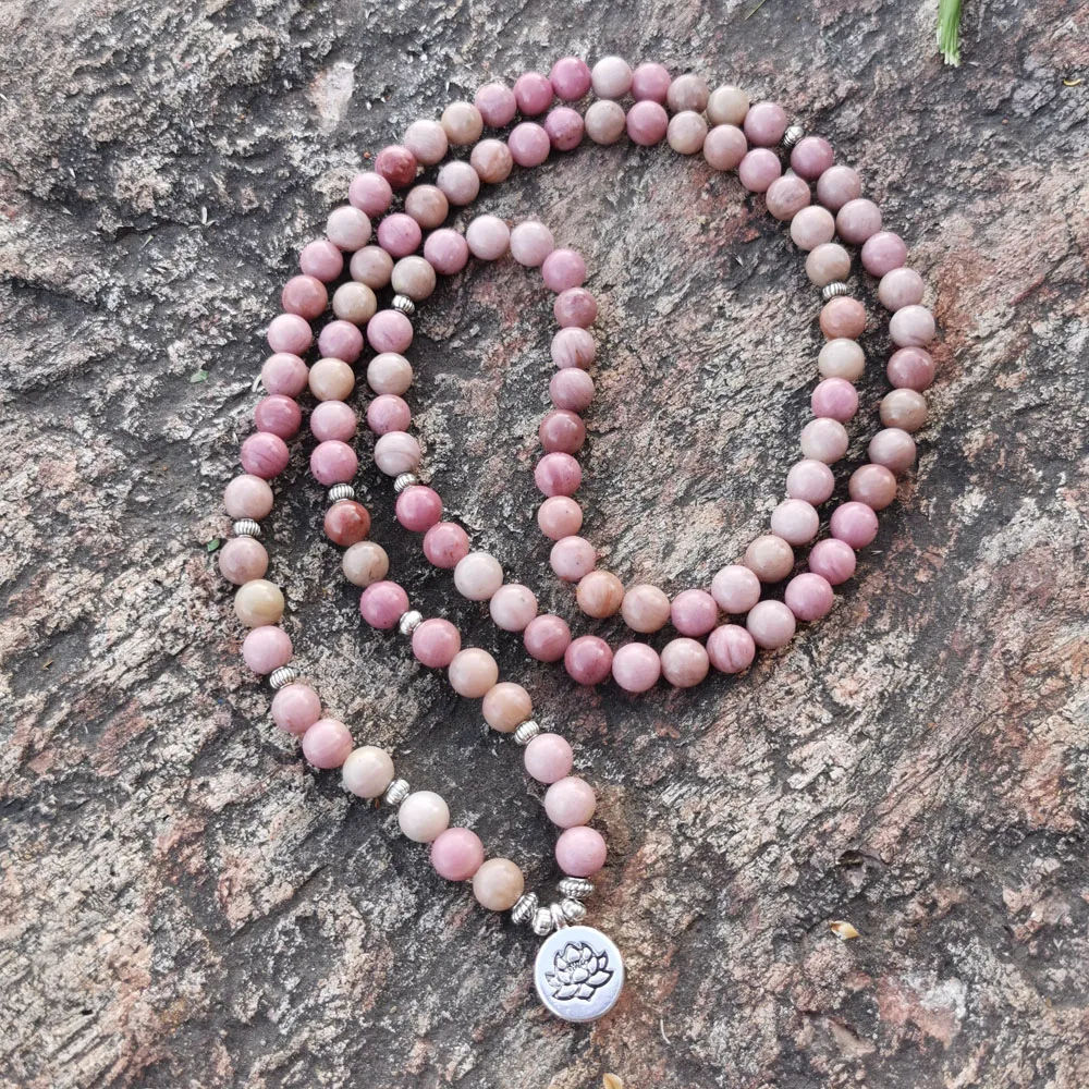 108 бусин Мала Браслет с цветком лотоса 8 мм родонит бисер браслет для женщин