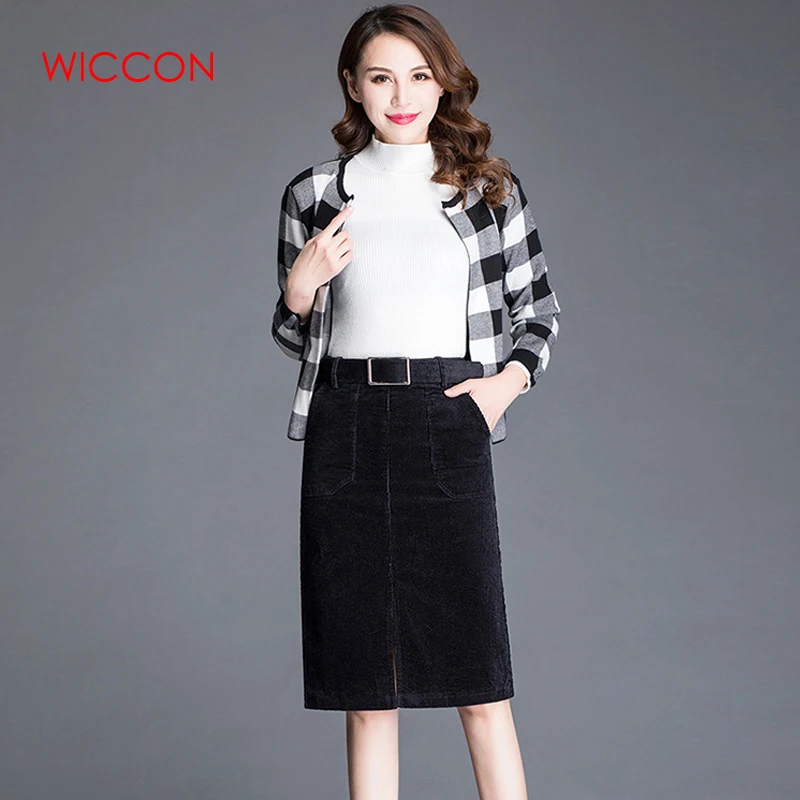Casual Corduroy Skirts Womens Autumn Winter Black Brown Knee-Length High Waist Skirt Plus Size 3XL Ladies Slim Straight Skirt