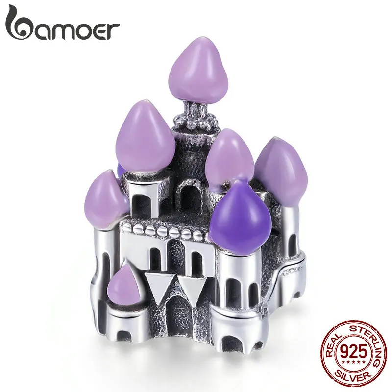 BAMOER 925 пробы Серебряный фантазийный замок принцесса любовь фиолетовый эмалированный бисер Подходит для браслета и ожерелья ювелирные изделия SCC701