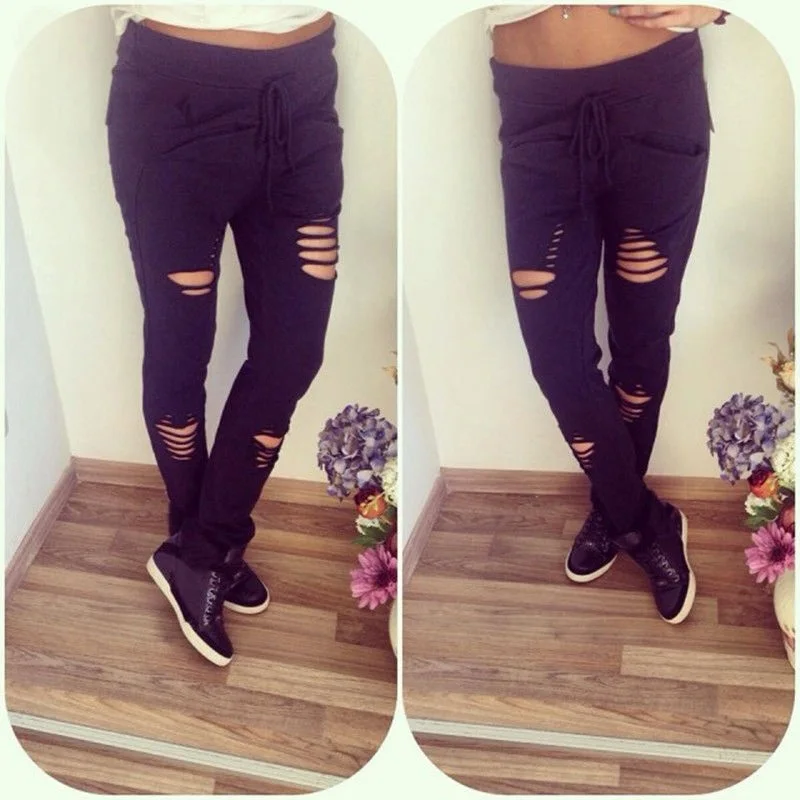 Женские рваные джинсы с высокой талией эластичные черные обтягивающие брюки