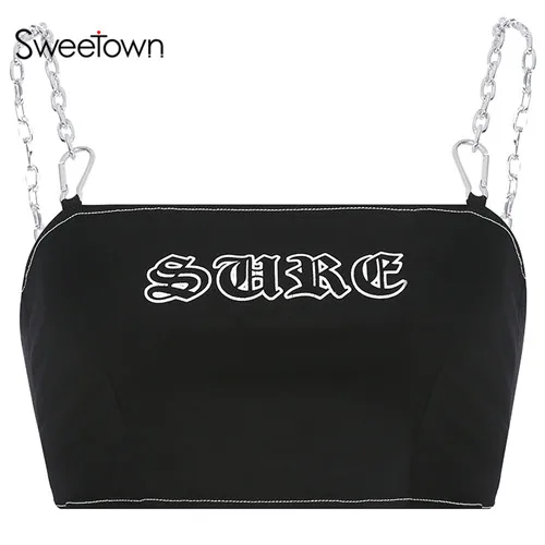 black Sweetown черный готический без бретелек Сексуальная уличная одежда кроп-топ с буквенным принтом металлический Спагетти ремень Обрезанные топики Топы женские летние - Цвет: black