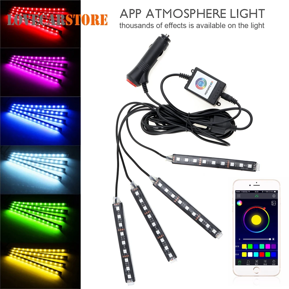 4pcs Bluetooth Android IOS Phone Control Auto Car Interior RGB Strip Light Flexible Atmosphere Decoration Kit Foot Lamp | Автомобили и