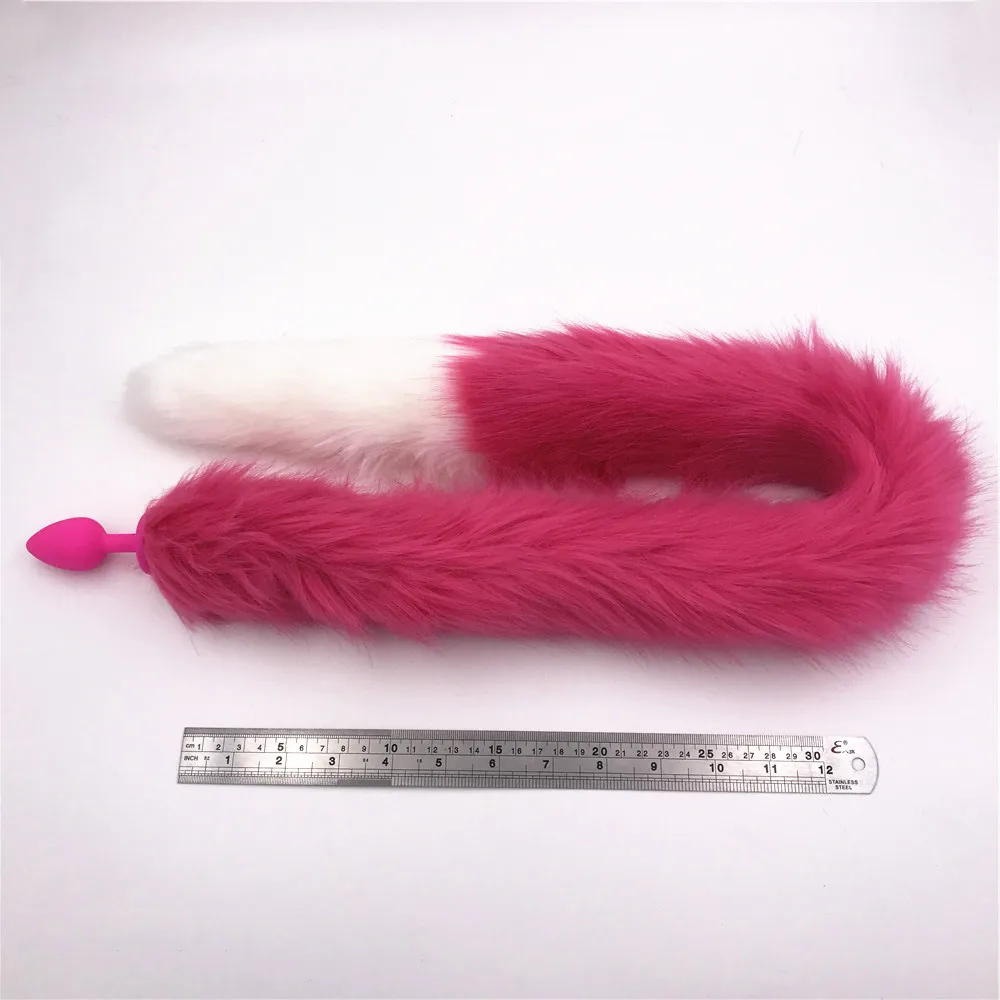 Длинная пушистая Анальная пробка 80 см с розово красным и белым хвостом секс