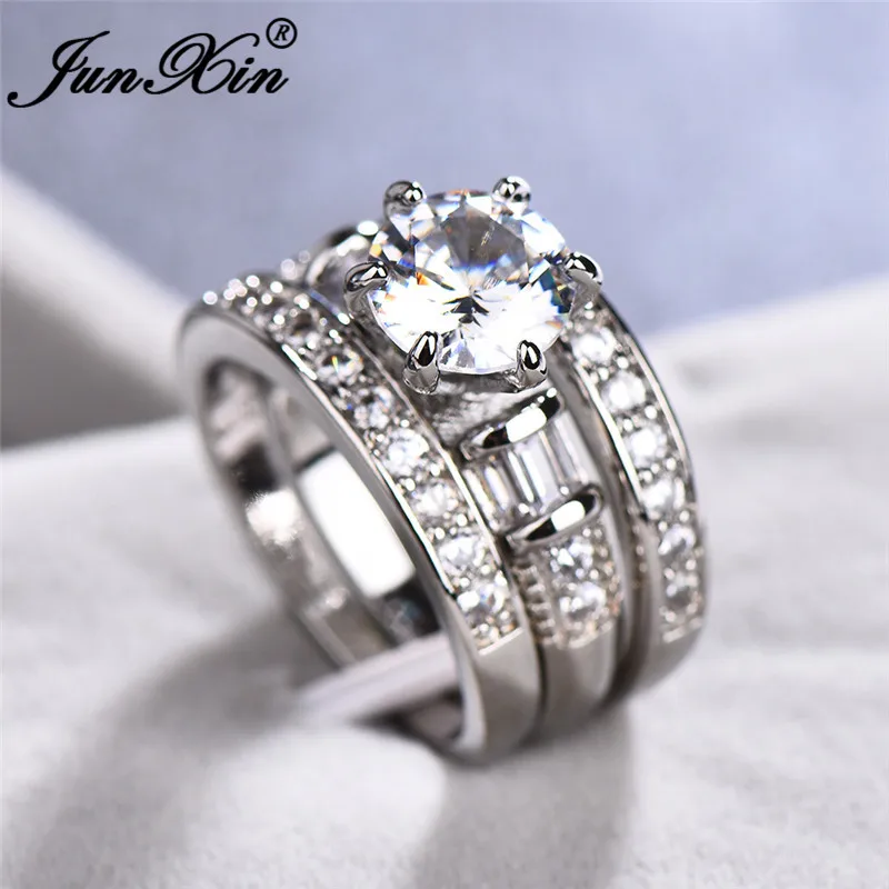 Silver Ring Set JUNXIN, роскошное тройное кольцо, набор для женщин, 925 серебро, розовое золото, заполнено, Круглый, белый, циркон, укладка, обручальное, обручальное, парное кольцо - Цвет основного камня: Silver Ring Set