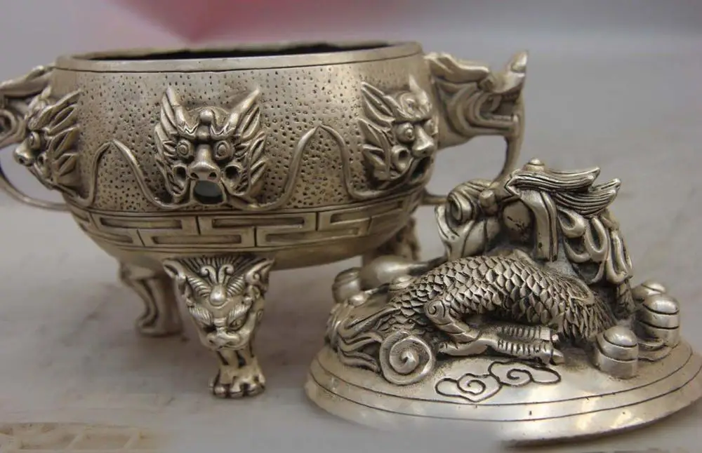 Китайский буддистский храм белая медь серебро девять голов дракона курильница