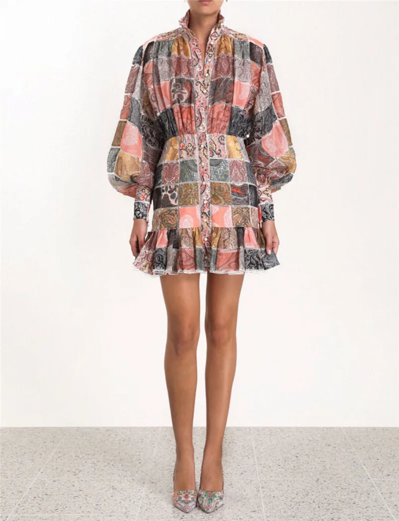 Винтажное мини платье трапециевидной формы с рукавами фонариками и поясом в